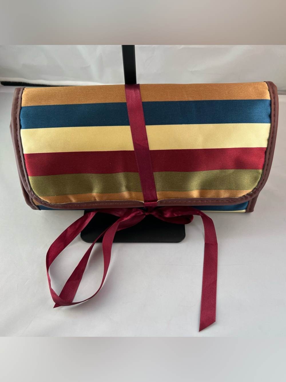 Striped Multi-Color Roll-Up Cosmetic Organizer with Burgundy Tie